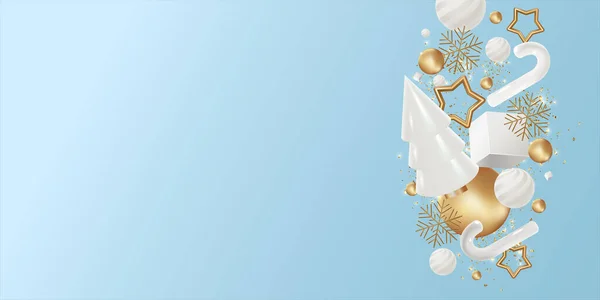 Buon Natale e Capodanno sfondo. Realistico albero di cono 3D con palline di Natale in oro, stelle e coriandoli. Design creativo per le vacanze. Composizione invernale. Banner e poster web. Illustrazione vettoriale — Vettoriale Stock