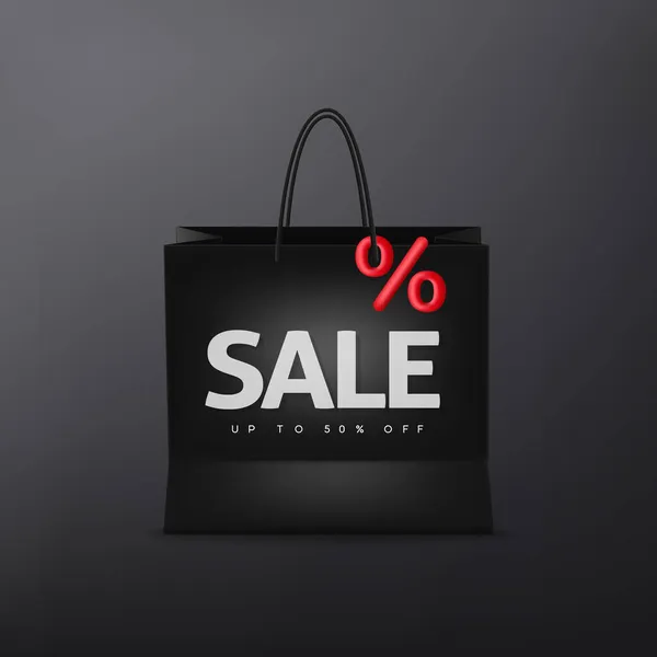 Üzerinde yazı olan hediye çantası siyah arka planda izole edilmiş. İndirim. Terfi ettim. Vektör illüstrasyonu