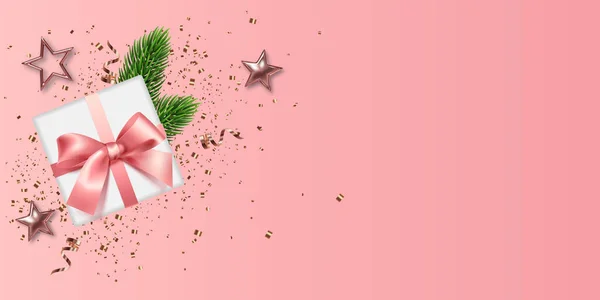 Κουτί δώρου με κλαδιά χριστουγεννιάτικου δέντρου, χρυσά αστέρια και κομφετί σε ροζ παστέλ φόντο. Χριστούγεννα, Πρωτοχρονιά, Αγίου Βαλεντίνου ή πανό γενεθλίων. Θέση για κείμενο. Εικονογράφηση διανύσματος — Διανυσματικό Αρχείο