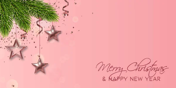 Noel afişi. Gerçekçi Noel ağacı dallarının, metalik altın yıldızların, parıltılı konfetilerin arka plan Xmas tasarımı. Yatay Noel posteri, tebrik kartı, web sitesi başlıkları