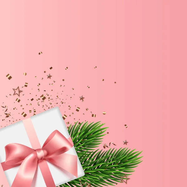 Κουτί δώρου με κλαδιά χριστουγεννιάτικου δέντρου, χρυσά αστέρια και κομφετί σε ροζ παστέλ φόντο. Χριστούγεννα, Πρωτοχρονιά, Αγίου Βαλεντίνου ή πανό γενεθλίων. Θέση για κείμενο. Εικονογράφηση διανύσματος — Διανυσματικό Αρχείο