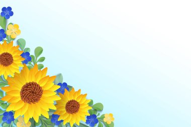 Ukrayna ayçiçeği sembolü sınır. Güzel sarı ve mavi çiçek buketi ayçiçekleri ve çiçekleri. Ukrayna bayrağının renkleri. Tasarım ve dekorasyon için. Metin için yer