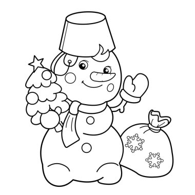 Kardan Adam 'ın hediye çantası ve Noel ağacı ile renklendirme sayfası. Yeni yıl. Noel zamanı. Çocuklar için boyama kitabı