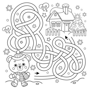 Labirent ya da Labirent Oyunu. Bulmaca. Karışık Yol. Noel ağacı olan küçük ayının renklendirme sayfası. Yeni yıl. Noel zamanı. Çocuklar için boyama kitabı. 