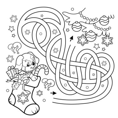 Labirent ya da Labirent Oyunu. Bulmaca. Karışık Yol. Yılbaşı çizmesi ya da hediye ve köpek dolu çorap. Noel zamanı. Yeni yıl. Çocuklar için boyama kitabı.