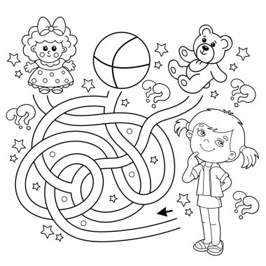 Labirent ya da Labirent Oyunu. Bulmaca. Karışık Yol. Çizgi filmdeki oyuncaklı kızın ana hatlarını boyamak. Çocuklar için boyama kitabı.