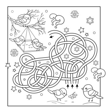 Labirent ya da Labirent Oyunu. Bulmaca. Karışık Yol. Kışın çizgi film kuşlarının ana hatlarını boyamak. Kuş yemliği. Çocuklar için boyama kitabı.