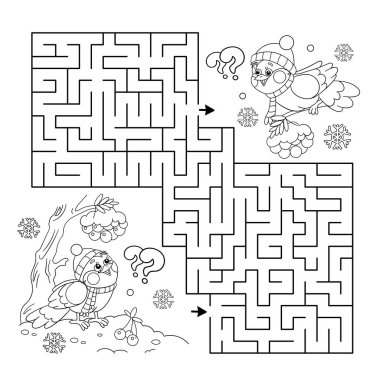 Labirent ya da Labirent Oyunu. Bulmaca. Kışın çizgi film kuşlarının ana hatlarını boyamak. Çocuklar için boyama kitabı.