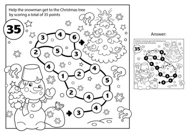 Matematik toplama oyunu. Çocuklar için bulmaca. Labirent. Yılbaşı ağacıyla Kardan Adam 'ın Renkli Sayfası. Yeni yıl. Noel zamanı. Çocuklar için boyama kitabı.