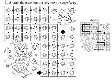 Labirent ya da Labirent Oyunu. Bulmaca. Çizgi filmdeki kayak yapan çocuğun ana hatlarını boyamak. Kış sporları. Çocuklar için boyama kitabı.