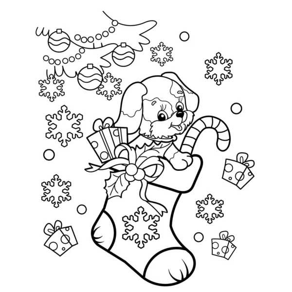 Coloring Page Outline Christmas Boot Sock Gifts Sweets Little Dog — Stock Vector