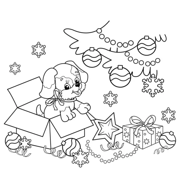 Coloring Page Outline Christmas Tree Gifts Little Dog Christmas New — Stock Vector