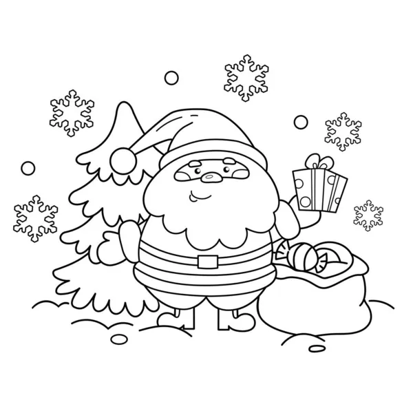 Coloriage Aperçu Père Noël Avec Sac Cadeau Arbre Noël Nouvel — Image vectorielle