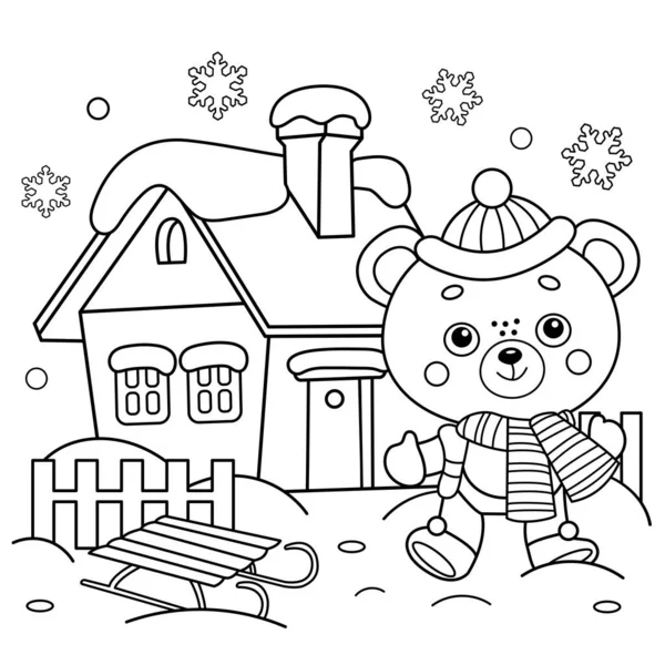 Coloring Page Outline Little Bear Sledge Winter New Year Christmas — Stock Vector