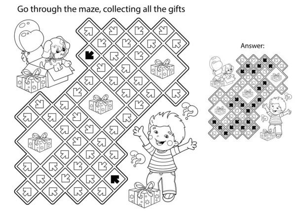 Labyrinthe Jeu Labyrinthe Puzzle Coloriage Contour Dessin Animé Garçon Avec — Image vectorielle