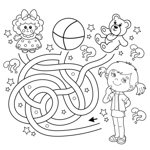 Labirent ya da Labirent Oyunu. Bulmaca. Karışık Yol. Çizgi filmdeki oyuncaklı kızın ana hatlarını boyamak. Çocuklar için boyama kitabı.