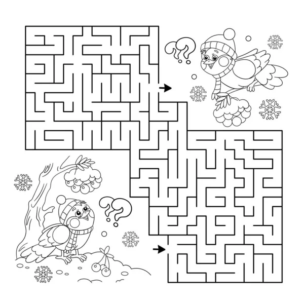 Maze Labyrinth Game Puzzle Coloring Page Outline Cartoon Birds Winter — Stock Vector