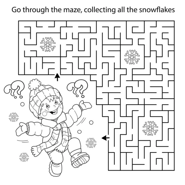 Labirent ya da Labirent Oyunu. Bulmaca. Coşkuyla zıplayan çizgi film karakterinin ana hatları. İlk kar. Kış. Çocuklar için boyama kitabı.