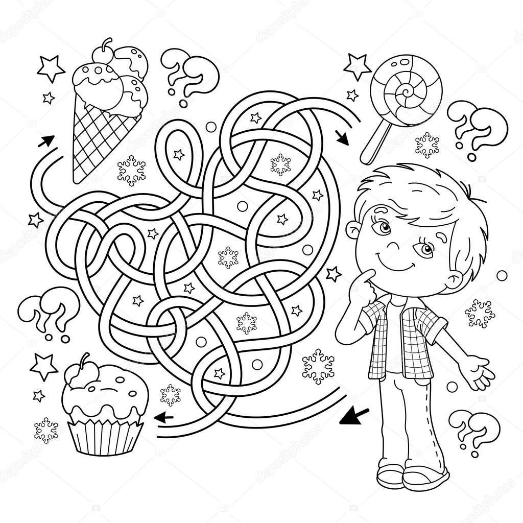 Maze or Labyrinth Game. Puzzle. Tangled Road. Coloring Page Outline Of little boy with sweets. Coloring book for kids