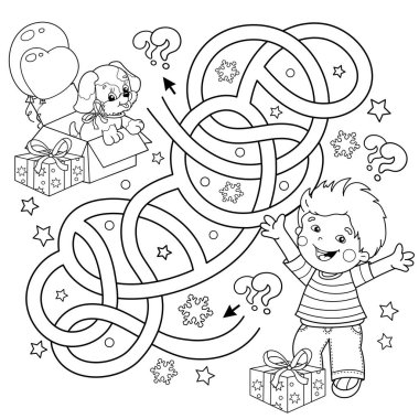 Labirent ya da Labirent Oyunu. Bulmaca. Karışık Yol. Çizgi filmdeki köpek ve hediyeli çocuğun ana hatlarını boyamak. Noel zamanı. Yeni yıl. Çocuklar için boyama kitabı.