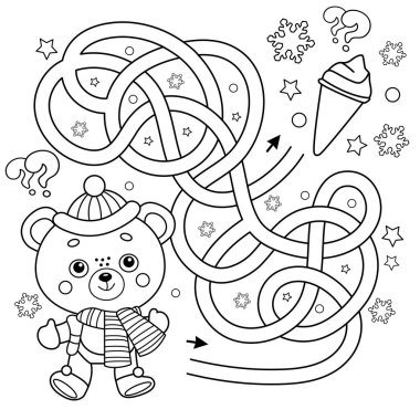 Labirent ya da Labirent Oyunu. Bulmaca. Karışık Yol. Dondurmalı oyuncak ayının boyama sayfası. Kış. Çocuklar için boyama kitabı