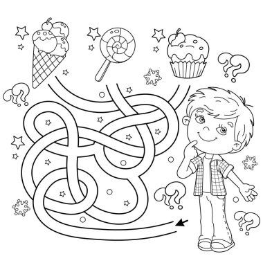 Labirent ya da Labirent Oyunu. Bulmaca. Karışık Yol. Şekerli küçük çocuğun boyama sayfası. Çocuklar için boyama kitabı
