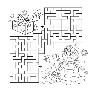 Labirent ya da Labirent Oyunu. Bulmaca. Yılbaşı ağacıyla Kardan Adam 'ın Renkli Sayfası. Yeni yıl. Noel zamanı. Çocuklar için boyama kitabı.