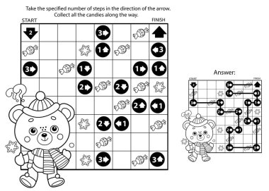 Labirent ya da Labirent Oyunu. Bulmaca. Şekerli küçük ayının boyama sayfası. Yeni yıl. Noel zamanı. Çocuklar için boyama kitabı. 