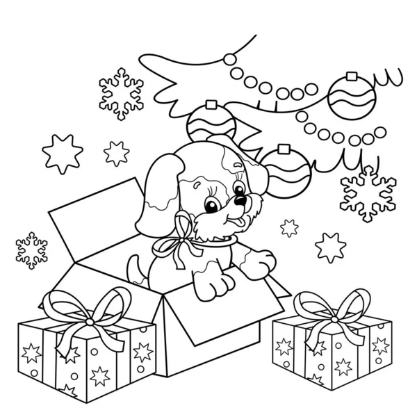 Coloriage Aperçu Arbre Noël Avec Des Cadeaux Avec Petit Chien — Image vectorielle