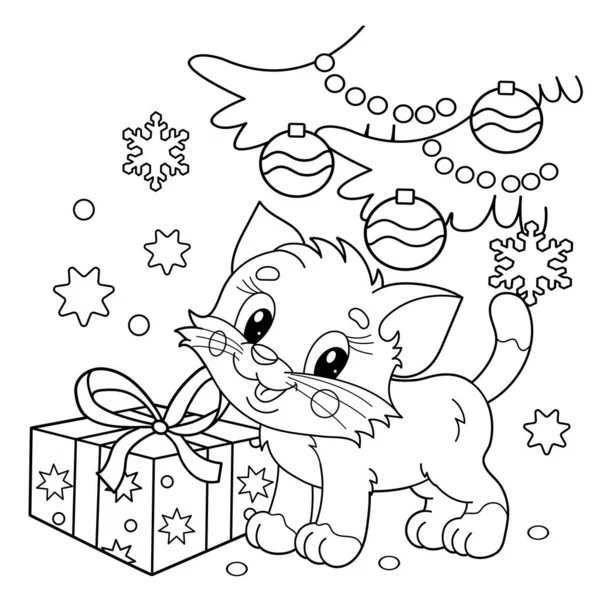 Desenho Página Para Colorir Árvore Natal Com Presentes Com Gato —  Vetores de Stock