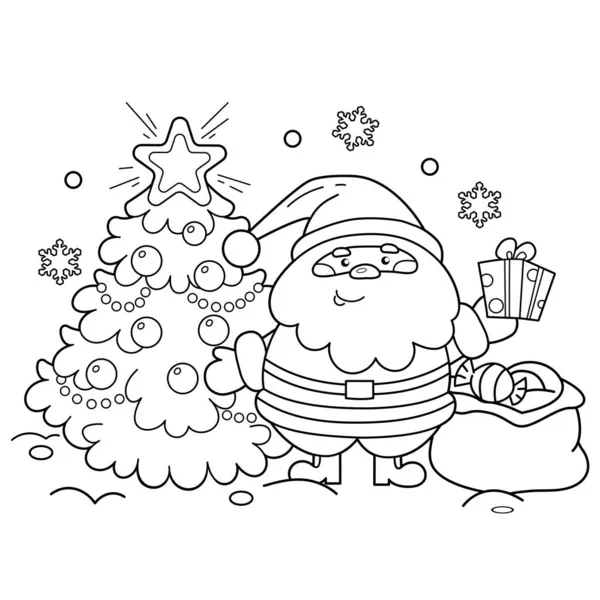 Coloriage Aperçu Père Noël Avec Sac Cadeau Arbre Noël Nouvel — Image vectorielle