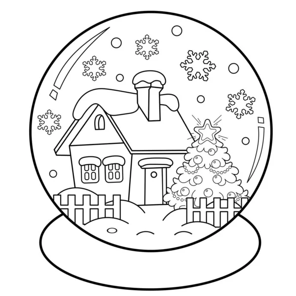Karla kaplı evi ve Noel ağacı olan kar küresinin renklendirme sayfası. Kış. Yeni yıl. Noel zamanı. Çocuklar için boyama kitabı
