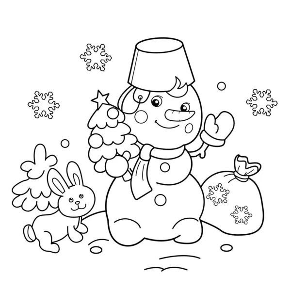 Coloriage Aperçu Bonhomme Neige Avec Sac Cadeau Arbre Noël Nouvel — Image vectorielle