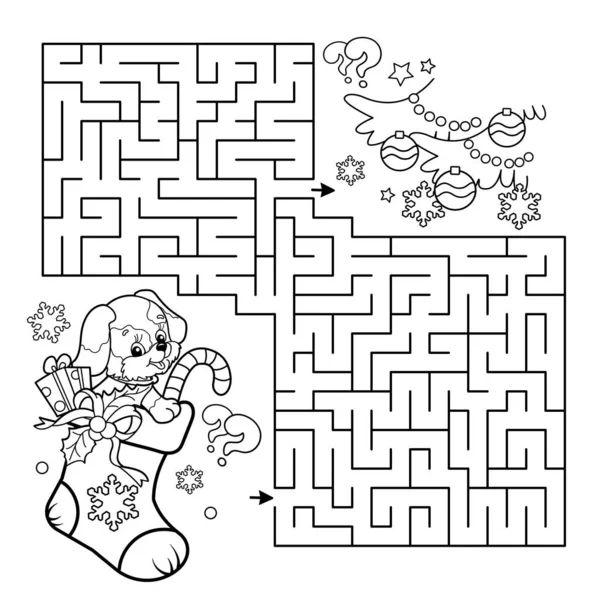 Maze Labyrinth Game Puzzle Coloring Page Outline Christmas Boot Sock — Stock Vector