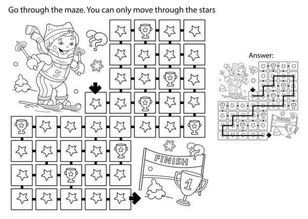 Labyrint Nebo Labyrint Puzzle Zbarvení Stránky Obrys Karikatury Chlapce Lyžování — Stockový vektor