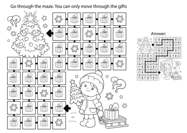 Labirent ya da Labirent Oyunu. Bulmaca. Noel ağacında hediyeli çocukların ana hatlarını boyamak. Noel zamanı. Yeni yıl. Çocuklar için boyama kitabı. 
