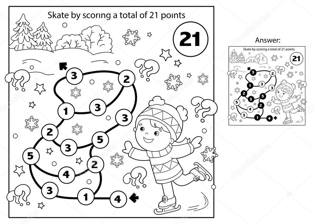 Math addition game. Puzzle for kids. Maze. Coloring Page Outline Of cartoon girl skating. Winter sports. Coloring book for children.