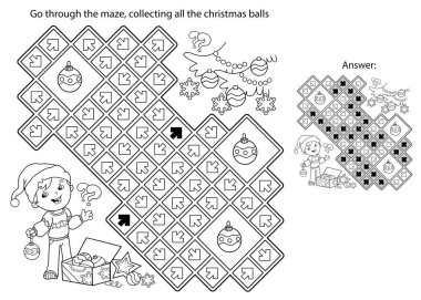 Labirent ya da Labirent Oyunu. Bulmaca. Çizgi filmci çocuğun Noel ağacını süslediği sayfa taslağı. Noel zamanı. Yeni yıl. Çocuklar için boyama kitabı.