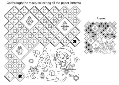 Labirent ya da Labirent Oyunu. Bulmaca. Noelde kağıt fener yapan çizgi film kızlarının ana hatlarını boyamak. Noel zamanı. Yeni yıl. Çocuklar için boyama kitabı.
