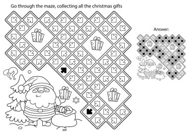 Labirent ya da Labirent Oyunu. Bulmaca. Noel Baba 'nın hediye çantası ve Noel ağacı ile renklendirme sayfası. Yeni yıl. Noel zamanı. Çocuklar için boyama kitabı.