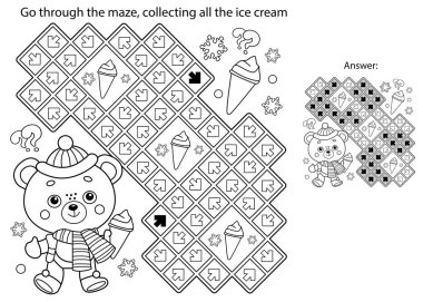 Labirent ya da Labirent Oyunu. Bulmaca. Dondurmalı oyuncak ayının boyama sayfası. Kış. Çocuklar için boyama kitabı