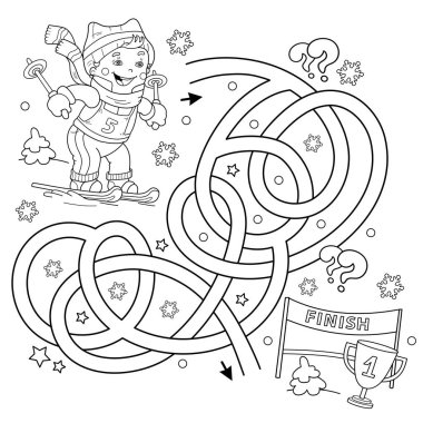 Labirent ya da Labirent Oyunu. Bulmaca. Karışık Yol. Çizgi filmdeki kayak yapan çocuğun ana hatlarını boyamak. Kış sporları. Çocuklar için boyama kitabı.