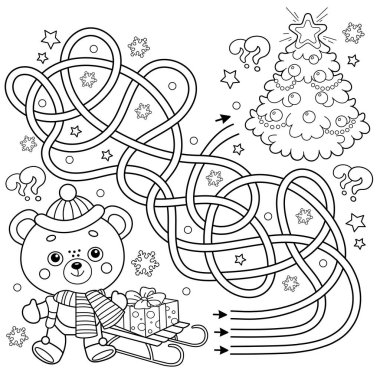 Labirent ya da Labirent Oyunu. Bulmaca. Karışık Yol. Noel ağacı olan küçük ayının renklendirme sayfası. Yeni yıl. Noel zamanı. Çocuklar için boyama kitabı. 