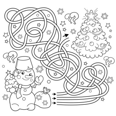 Labirent ya da Labirent Oyunu. Bulmaca. Karışık Yol. Yılbaşı ağacıyla Kardan Adam 'ın Renkli Sayfası. Yeni yıl. Noel zamanı. Çocuklar için boyama kitabı.