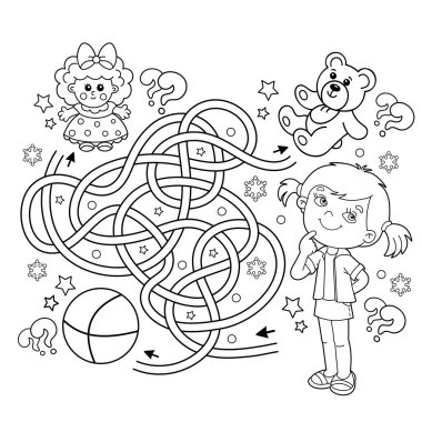 Labirent ya da Labirent Oyunu. Bulmaca. Karışık Yol. Çizgi filmdeki oyuncaklı kızın ana hatlarını boyamak. Çocuklar için boyama kitabı. 