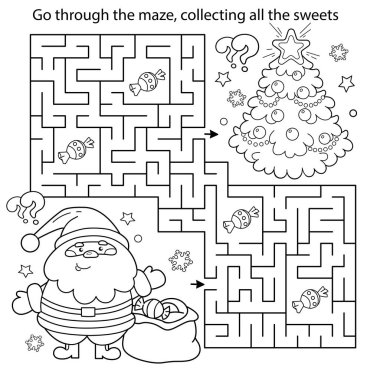 Labirent ya da Labirent Oyunu. Bulmaca. Noel Baba 'nın hediye çantası ve Noel ağacı ile renklendirme sayfası. Yeni yıl. Noel zamanı. Çocuklar için boyama kitabı.