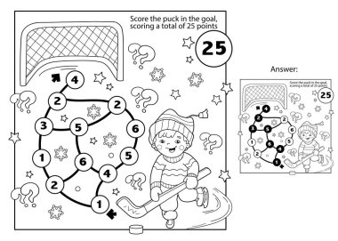Matematiksel toplama oyunu. Çocuklar için bulmaca. Çizgi filmdeki hokey oynayan çocuğun ana hatlarını boyamak. Kış sporları. Çocuklar için boyama kitabı.