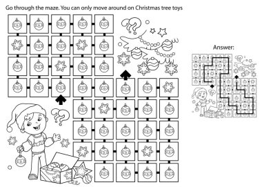 Labirent ya da Labirent Oyunu. Bulmaca. Çizgi filmci çocuğun Noel ağacını süslediği sayfa taslağı. Noel zamanı. Yeni yıl. Çocuklar için boyama kitabı.