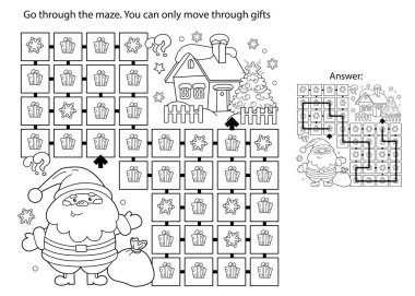 Labirent ya da Labirent Oyunu. Bulmaca. Noel Baba 'nın hediye çantası ve Noel ağacı ile renklendirme sayfası. Yeni yıl. Noel zamanı. Çocuklar için boyama kitabı.