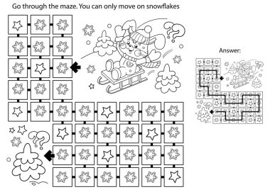 Labirent ya da Labirent Oyunu. Bulmaca. Çizgi film Mutlu Tavşan Kızağı 'nın Renkli Sayfası. Kış aktivitesi. Çocuklar için boyama kitabı. 